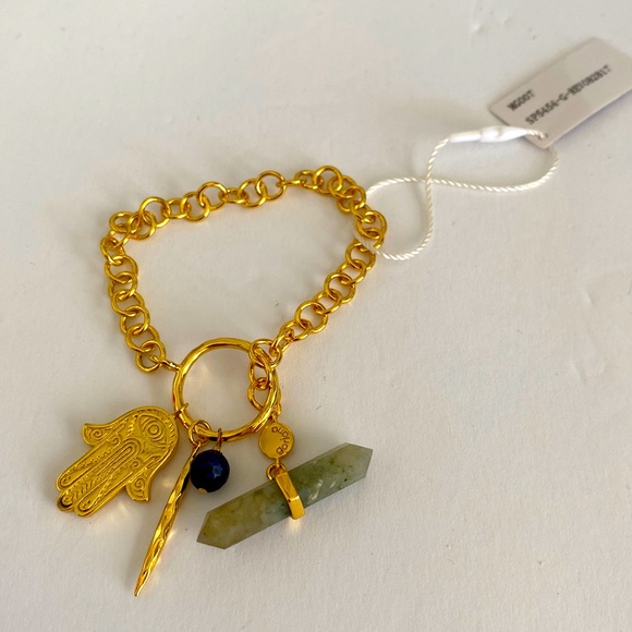 Gorjana 18k gold plated chain with hanging charms & hamsa green color stone new